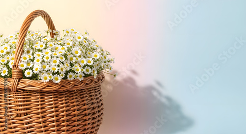 Beautiful wicker basket filled with white daisy flowers against soft pastel background.