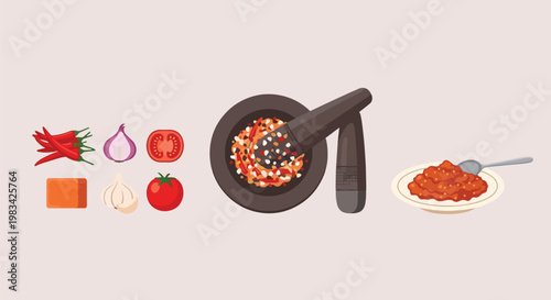 Mortar and Pestle Preparing Spicy Chili Paste with Ingredients.