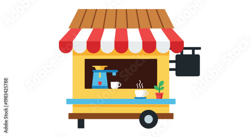 Cute Coffee Cart with Barista Station and Outdoor Seating Icon.