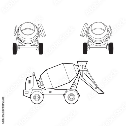 Line drawing of three concrete mixers in different orientations