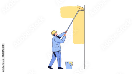 Wall Painting in Progress: An artisan, clad in work attire, meticulously applies a fresh coat of paint to a stark wall using a roller and a paint can.