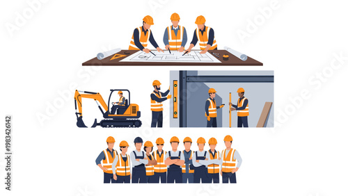 Construction Workers in Action: Depicting a construction team in a variety of activities, from planning to execution, showcasing their dedication and collaborative spirit.