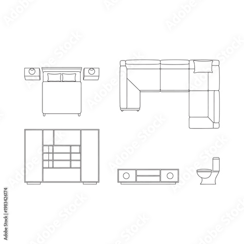 Minimalist furniture layout plan with bedroom living room and bathroom