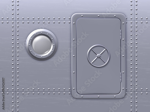 Metal safe door with circular wheel lock and porthole on wall in submarine, ship or spacecraft vector realistic interior