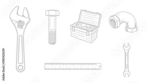 Mechanical Toolkit: A collection of essential mechanical tools arranged for visual appeal, showcasing craftsmanship and the beauty of utility.
