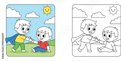 Little Superhero Boy Helping His Friend Get Up in a Sunny Park Cartoon Illustration with Line Art Version for Coloring Book, Concept of Kindness and Friendship for Kids Education