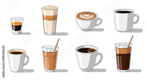 Collection of Various Coffee Drinks and Beverages.