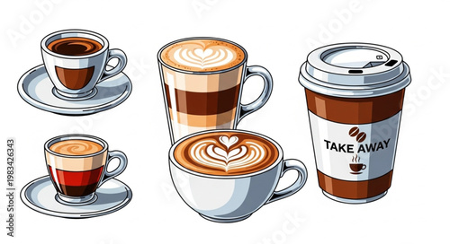 Assortment of Coffee Drinks and Cups.