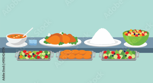 Buffet Food Lineup Chicken Salad Rice Soup  Fruit for Catering.