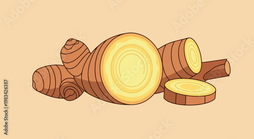 Fresh Ginger Root Whole Sliced and Cut Cross-Section.