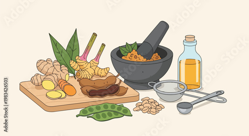 Herbal Remedies and Spices Ginger Turmeric Lemongrass and Tamarind.