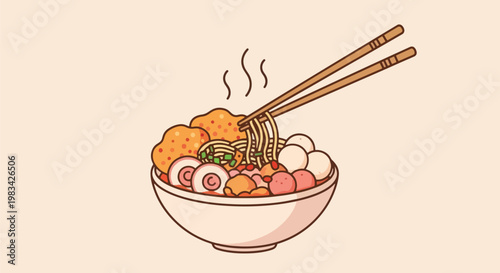 Delicious Asian Noodle Soup with Chopsticks Steaming Hot Bowl of Food.