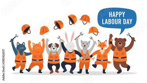 Happy Labour Day Celebration with cartoon animals