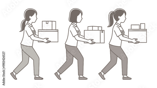Woman Carrying Boxes: A sequence of figures demonstrates the proper technique for safely carrying boxes, essential for efficient handling. 
