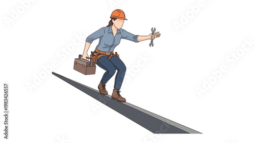 Construction Worker with Tools: A skilled construction worker, equipped with a toolbox and wrenches, stands on a road, embodying expertise and readiness for tasks ahead.
