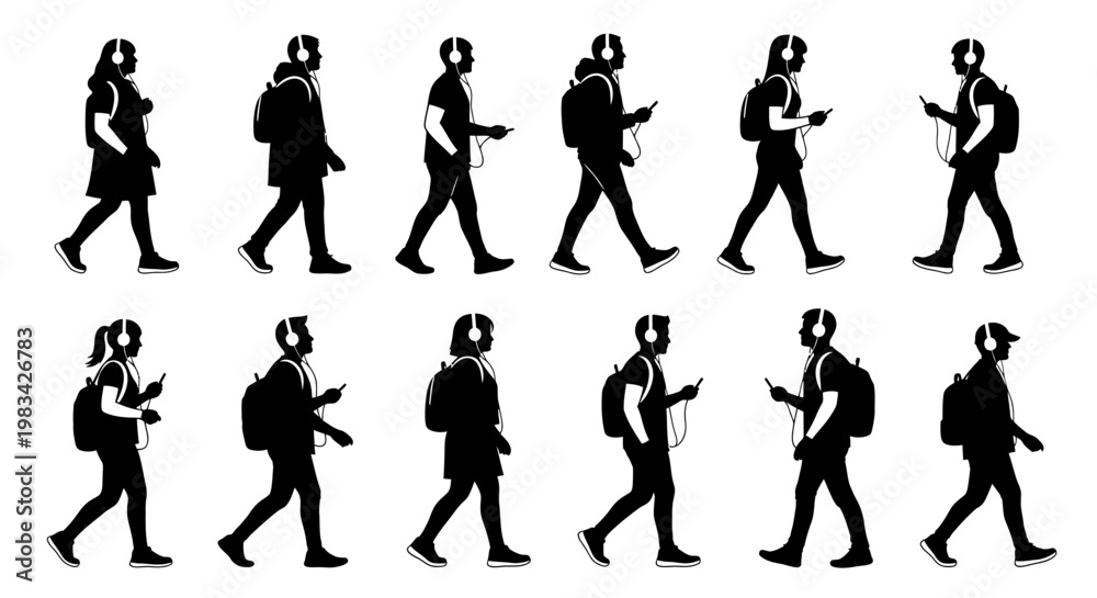 Fototapeta premium Silhouettes of people walking with luggage.