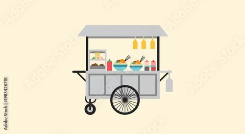 Street Food Cart with Noodles and Condiments Asian Cuisine Takeaway.