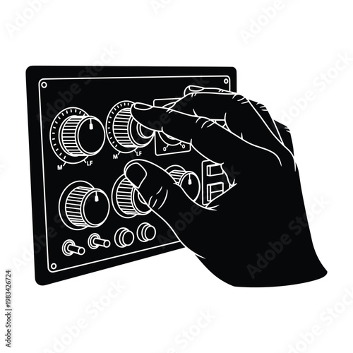 Hand adjusting control knobs on electronic panel for fine tuning and technical calibration