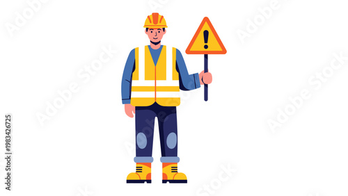 Safety First: A construction worker in a safety vest and hard hat holds up a warning sign, emphasizing workplace safety, diligence, and caution.