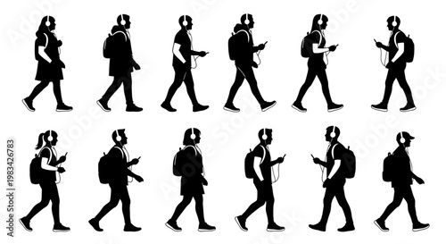 Silhouettes of people walking with luggage.