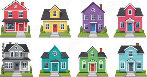 Colorful House Vector Set Featuring Brightly Colored Homes with Various Architectural Styles, Perfect for Real Estate, Home Design, and Residential Themes
