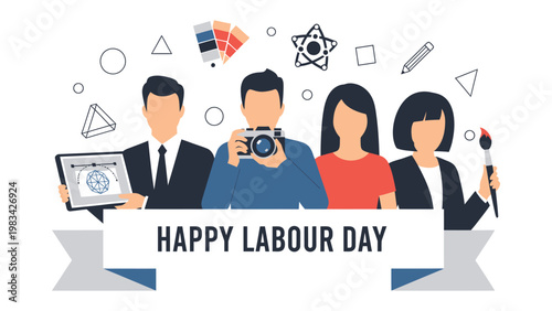 Happy Labour Day: A diverse group of people celebrating labor day with digital art. Representing various professions.