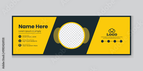 Corporate yellow and black email signature template with geometric diagonal shapes and central circular photo holder for professional identity and business communication branding elements.