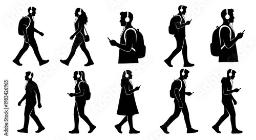 Silhouettes of people walking with backpacks.