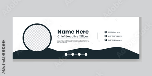 Minimalist white email signature with dark blue wave pattern and circular photo frame for chief executive officer professional branding featuring clean typography and round contact icons.