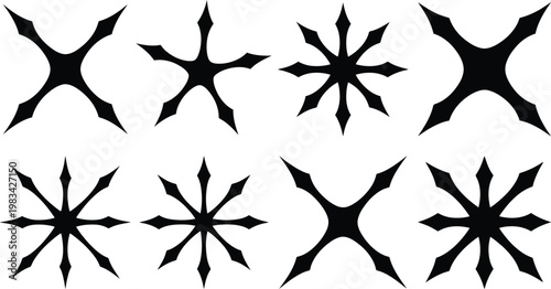 Collection of Eight Black Spiked Star Shapes on White Background sharp point