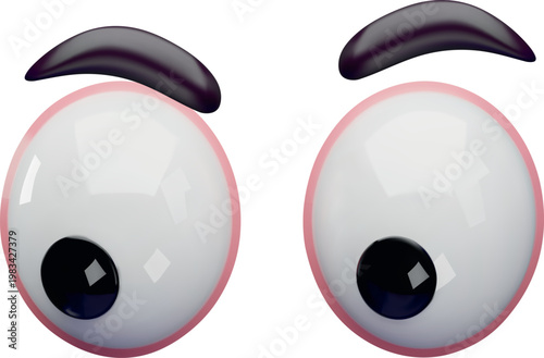 Eyes, eyelids and eyebrows 3D vector design, cartoon volume face elements for suspicious expression, looking down