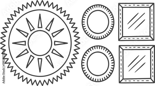 Set of mechanical gears and square frames on a white background