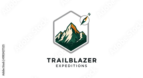 Stylized Mountain Emblem Logo With Hexagon Frame.