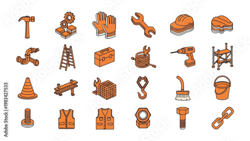 Construction Tools Icon Collection: A comprehensive compilation of construction tools arranged in a visually appealing and organized layout