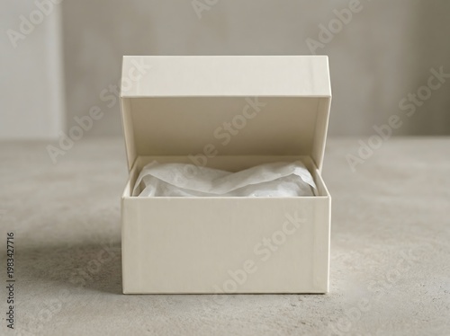 Open white gift box containing soft folded fabric inside
