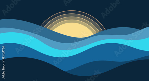 Bright Sun Rising or Setting Over Stylized Blue Ocean Waves in Vibrant Seascape