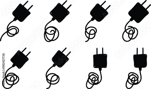 Collection of eight hand-drawn black electrical plugs with coiled cords on a white background power plug