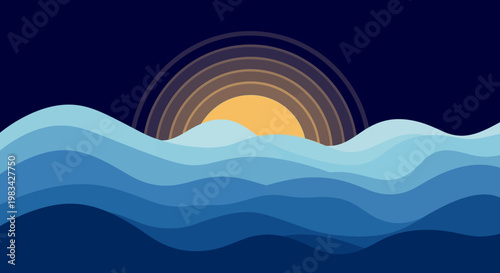 Peaceful Sun Rising or Setting Over Stylized Blue Ocean Waves Against Dark Night Sky Horizon