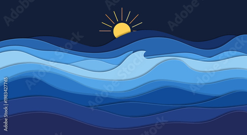 Vibrant Stylized Ocean Waves with Golden Sunrise or Sunset in Paper Cut Style Art