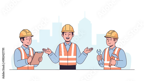 Engineering Team Dialogue: A harmonious group of engineers, adorned in safety gear, engage in a lively discussion, their expertise at the heart of their collaborative project.