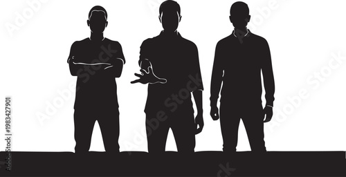 Three black faceless human silhouettes standing in a row against a black background black silhouettes