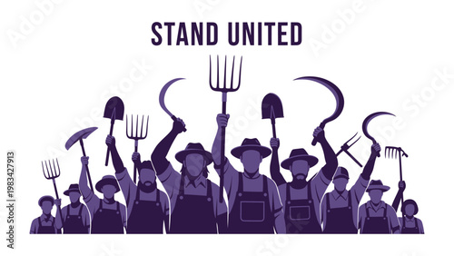 Solidarity in Purple Tones: A united group, symbolizing community strength and the power of coming together. They stand tall, bearing tools as emblems of unity and shared purpose.