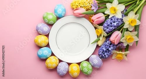 Festive Easter Table Setting with Flowers and Decorated Eggs.
