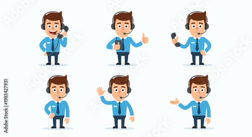 Six varied poses of a young male businessman character, interacting with a phone, showing thumbs up, waving, and confident presentation, in bright studio.