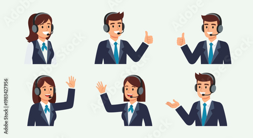 Diverse customer service representatives, men and women, happily interacting and providing support, wearing headsets and showing various gestures on a light green background.