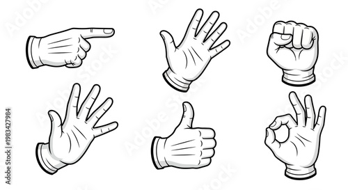 Black and white line art hand gestures including pointing, open palm, fist, thumbs up, and OK sign, in bright studio, simple communication.