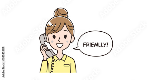 Friendly young woman smiling and talking cheerfully on a corded phone with a speech bubble, depicted in a bright cartoon style on an isolated white background.