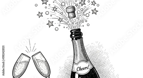 Exploding champagne bottle with cork flying out and festive bubbles, cheering glasses, on isolated white background, happy celebration concept.
