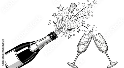 Champagne bottle opening with popping cork and exploding bubbles, two elegant glasses toasting, depicted in a detailed black and white illustration on an isolated white background.