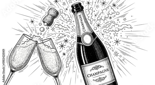 Champagne bottle exploding with cork and bubbles, two glasses toasting in celebration, in a detailed black and white illustration on an isolated white background.
